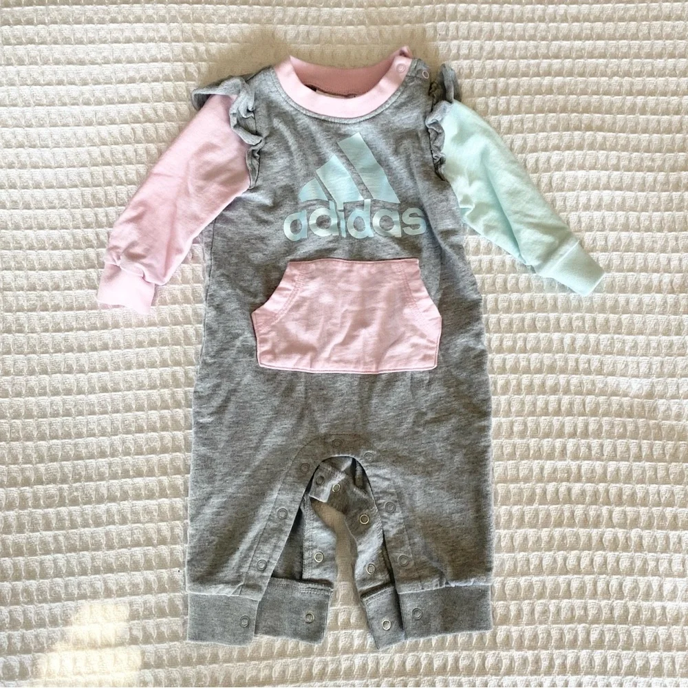 adidas kids grey pink and blue jumpsuit onesie 3M